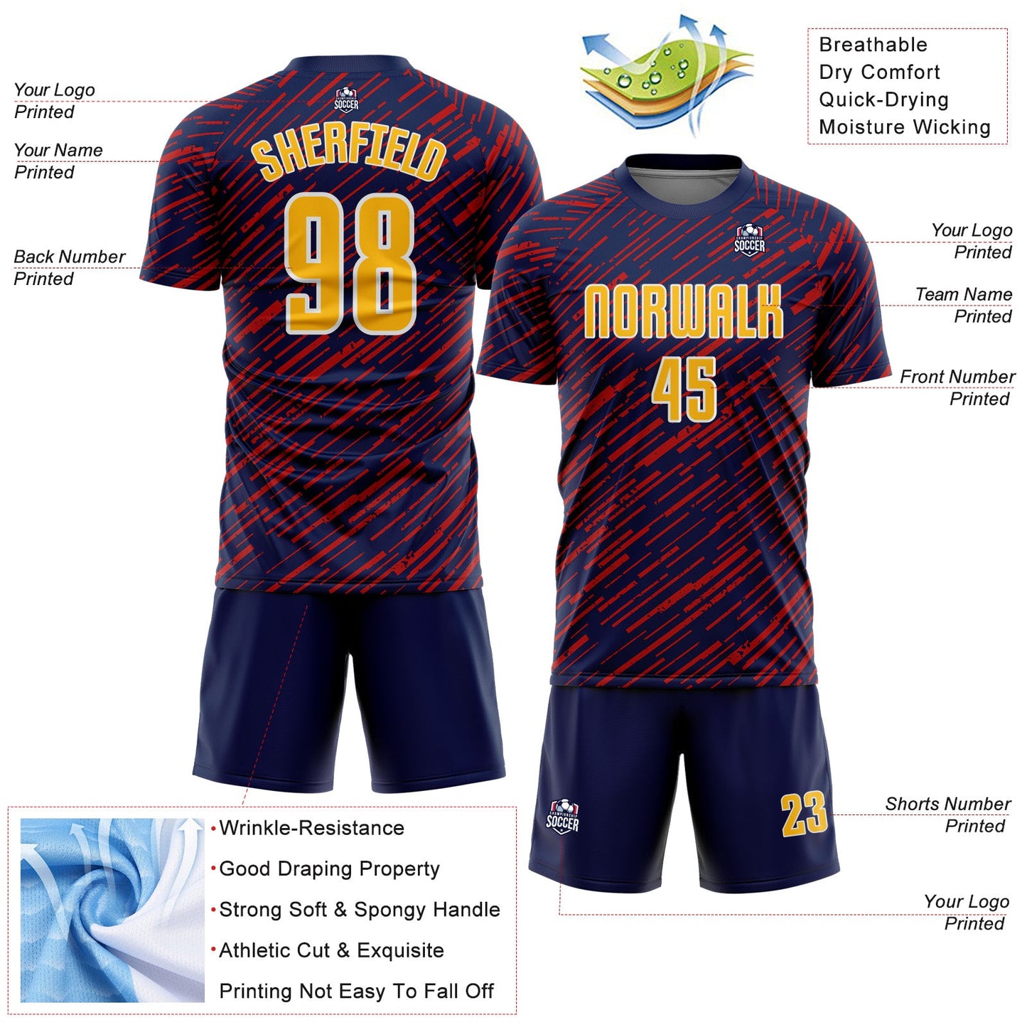 Custom Navy Gold Red-White Line Sports Sublimation Soccer Uniform Jersey view 4