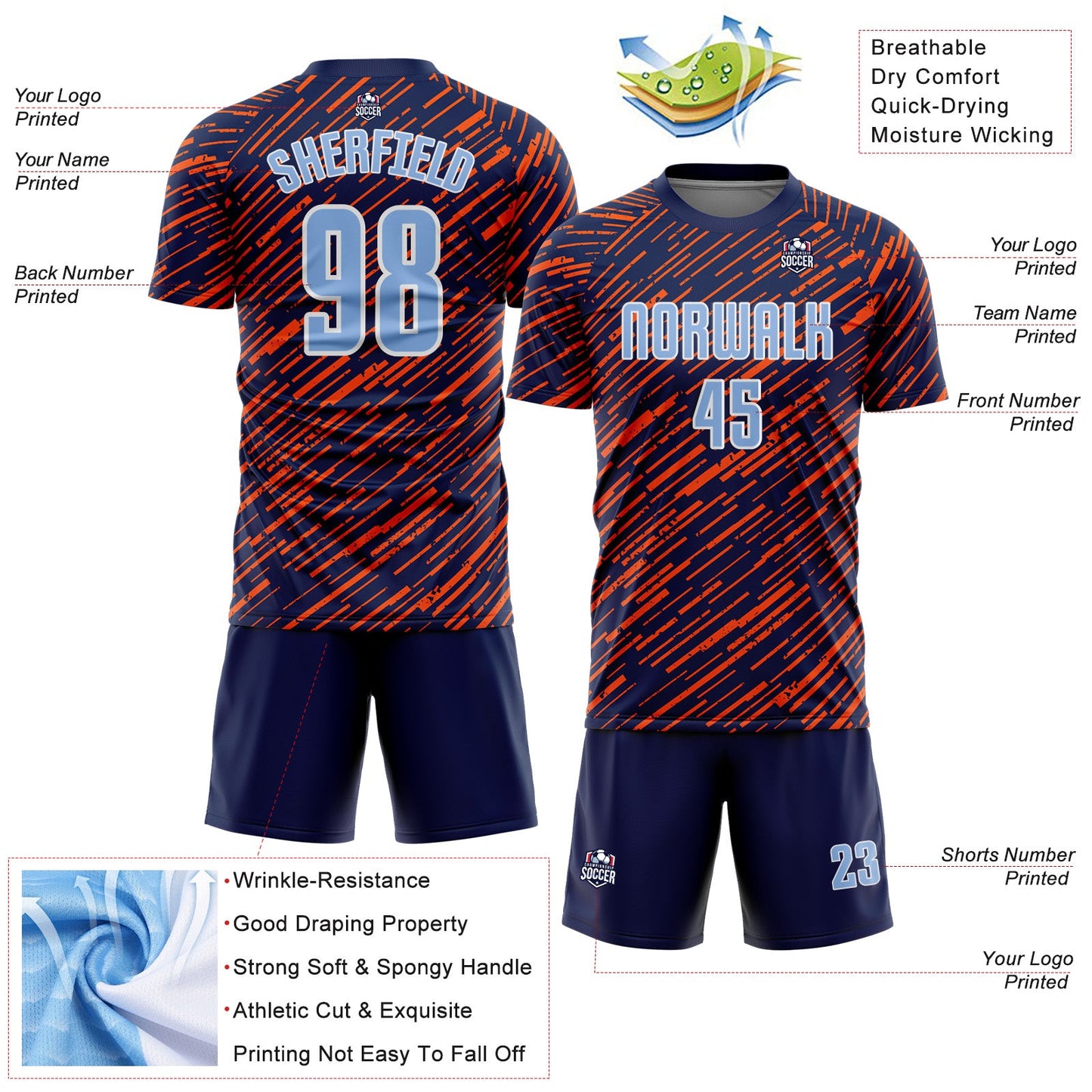 Custom Navy Light Blue Orange-White Line Sports Sublimation Soccer Uniform Jersey view 4