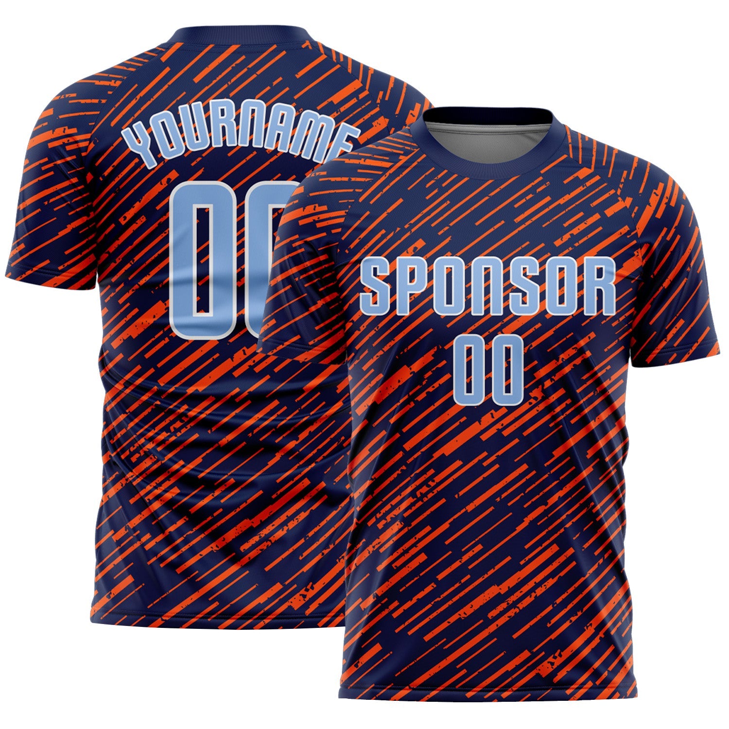 Custom Navy Light Blue Orange-White Line Sports Sublimation Soccer Uniform Jersey - Main View