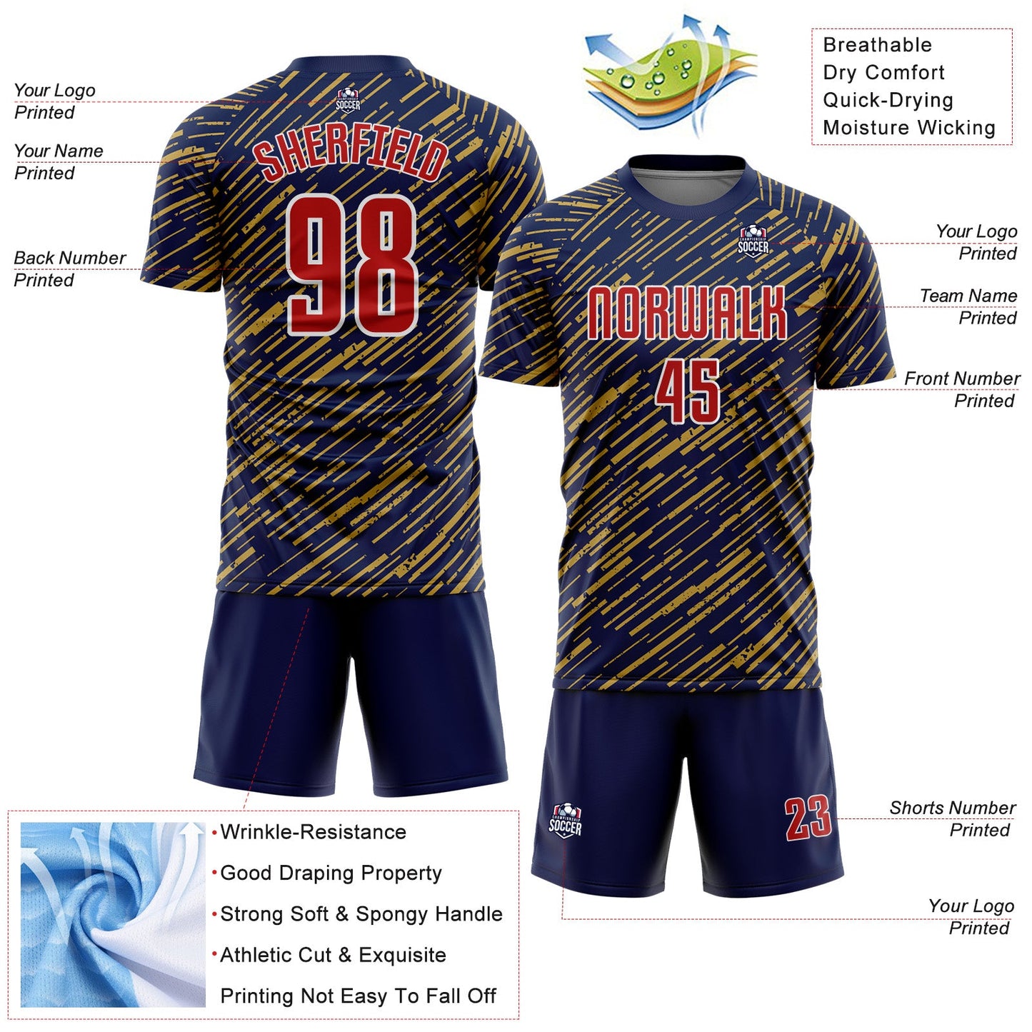 Custom Navy Red Old Gold-White Line Sports Sublimation Soccer Uniform Jersey view 4
