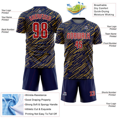 Custom Navy Red Old Gold-White Line Sports Sublimation Soccer Uniform Jersey view 4
