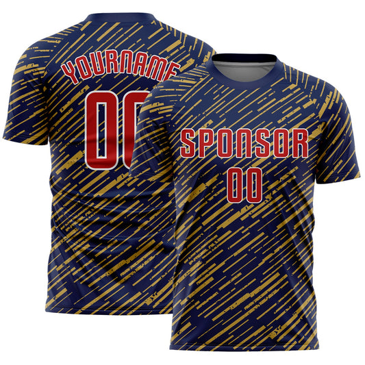 Custom Navy Red Old Gold-White Line Sports Sublimation Soccer Uniform Jersey - Main View
