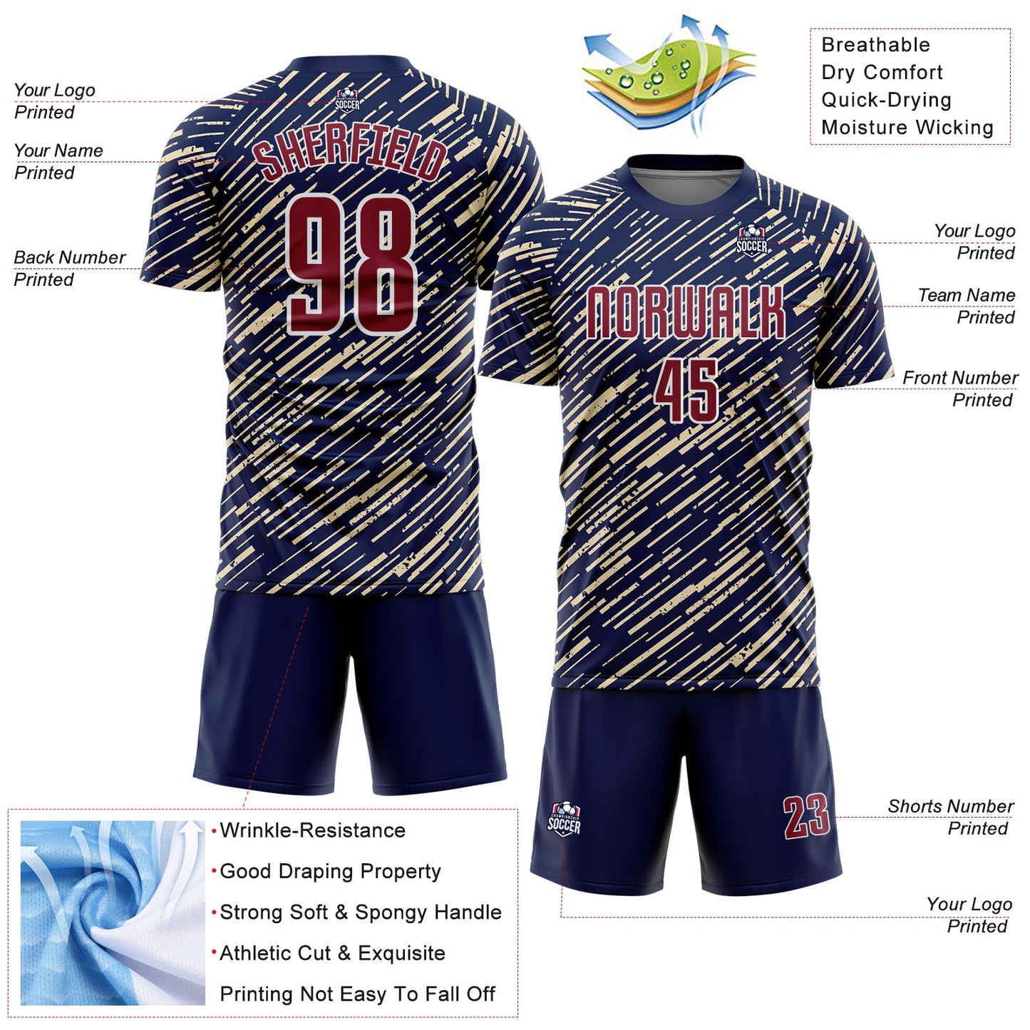 Custom Navy Crimson Cream-White Line Sports Sublimation Soccer Uniform Jersey view 4
