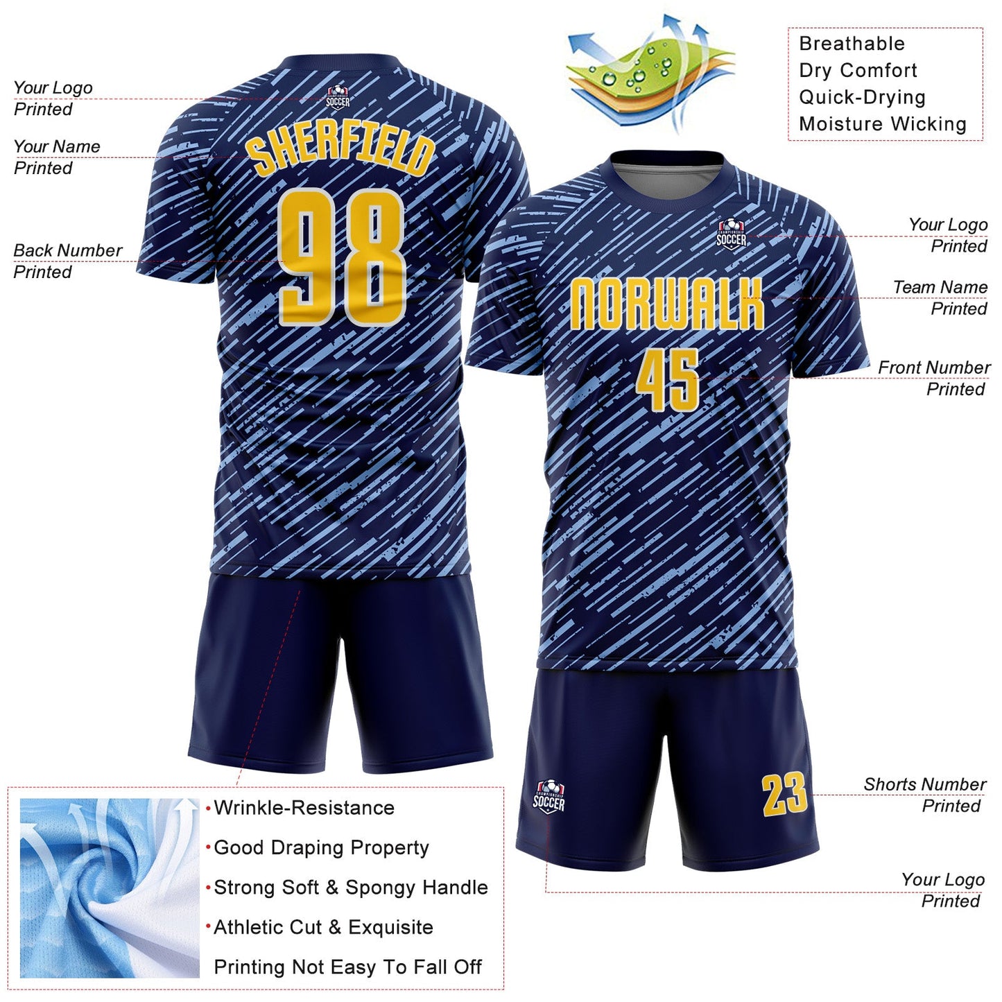 Custom Navy Yellow Light Blue-White Line Sports Sublimation Soccer Uniform Jersey view 4
