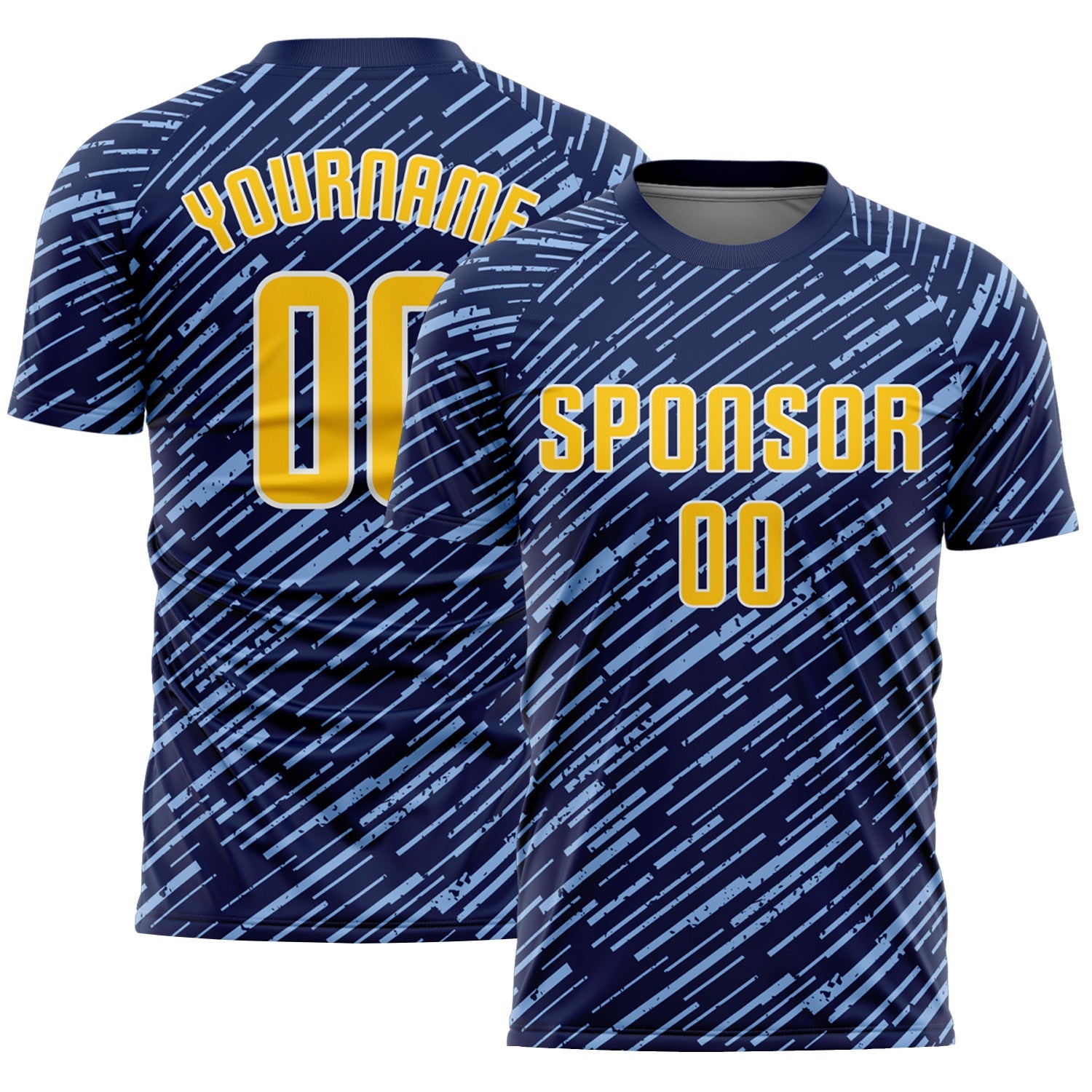 Custom Navy Yellow Light Blue-White Line Sports Sublimation Soccer Uniform Jersey - Main View