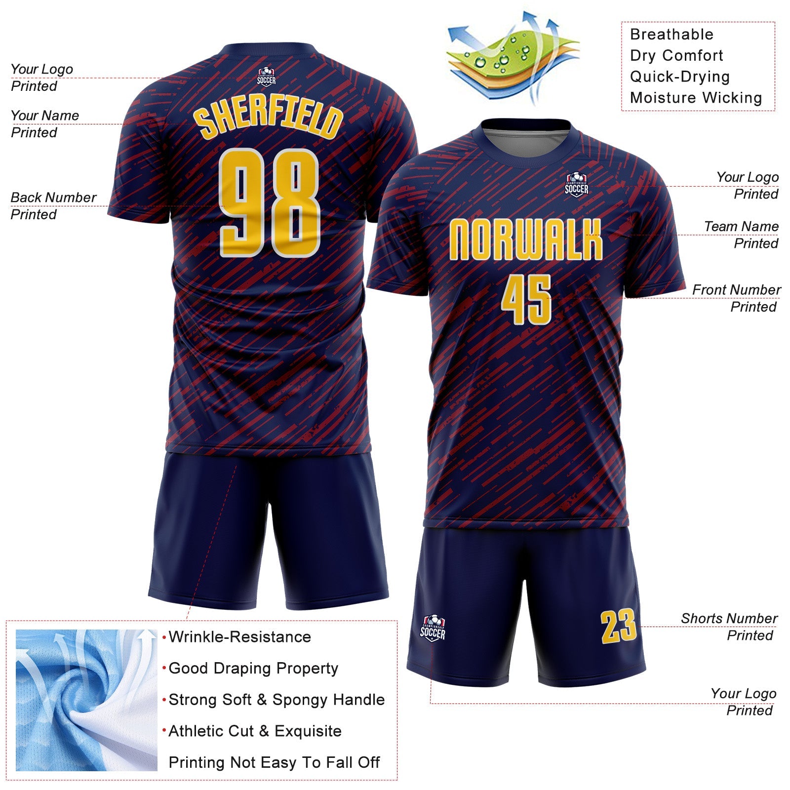 Custom Navy Yellow Crimson-White Line Sports Sublimation Soccer Uniform Jersey view 4