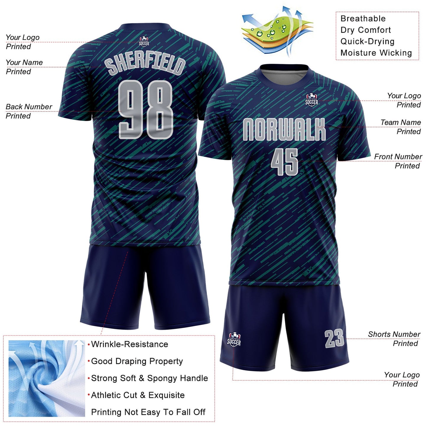 Custom Navy Gray Teal-White Line Sports Sublimation Soccer Uniform Jersey view 4