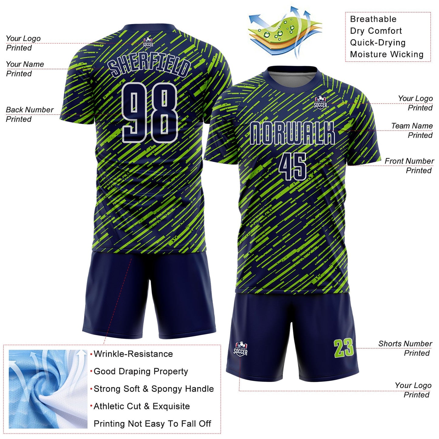 Custom Navy Neon Green-White Line Sports Sublimation Soccer Uniform Jersey view 4