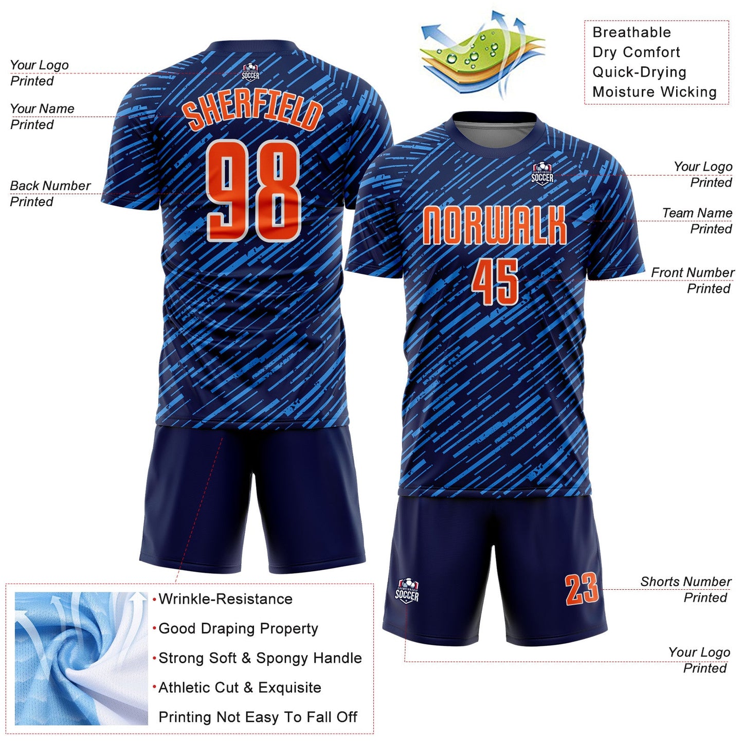 Custom Navy Orange Powder Blue-White Line Sports Sublimation Soccer Uniform Jersey view 4