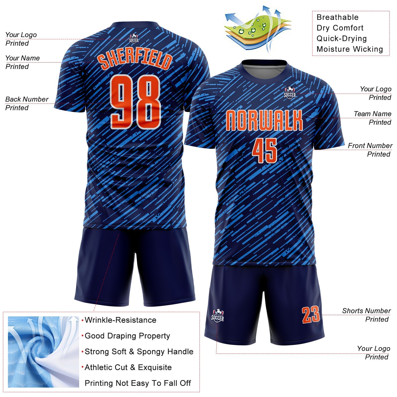 Custom Navy Orange Powder Blue-White Line Sports Sublimation Soccer Uniform Jersey view 4