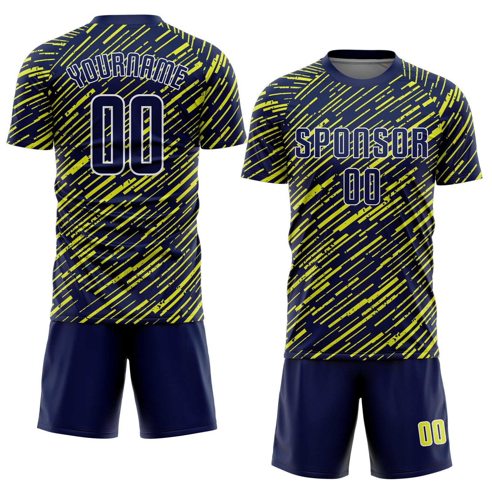 Custom Navy Neon Yellow-White Line Sports Sublimation Soccer Uniform Jersey view 2
