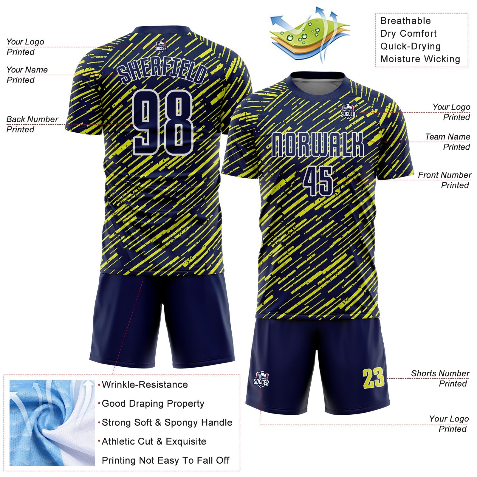 Custom Navy Neon Yellow-White Line Sports Sublimation Soccer Uniform Jersey view 4