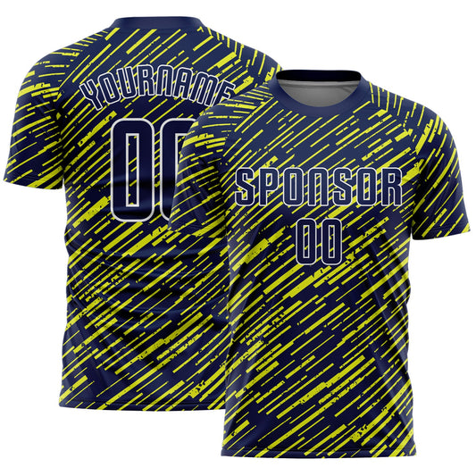 Custom Navy Neon Yellow-White Line Sports Sublimation Soccer Uniform Jersey - Main View