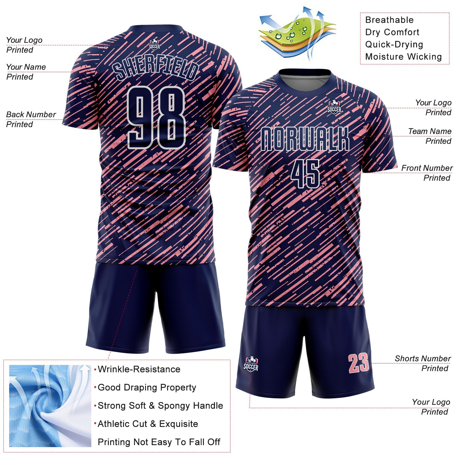 Custom Navy Medium Pink-White Line Sports Sublimation Soccer Uniform Jersey view 4