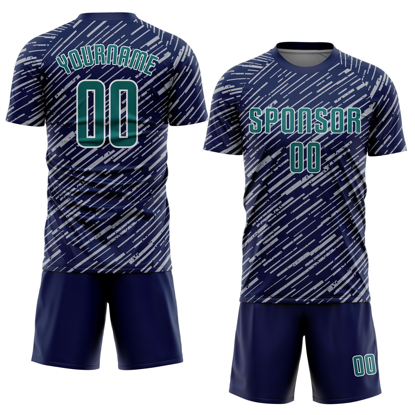 Custom Navy Teal Gray-White Line Sports Sublimation Soccer Uniform Jersey view 2