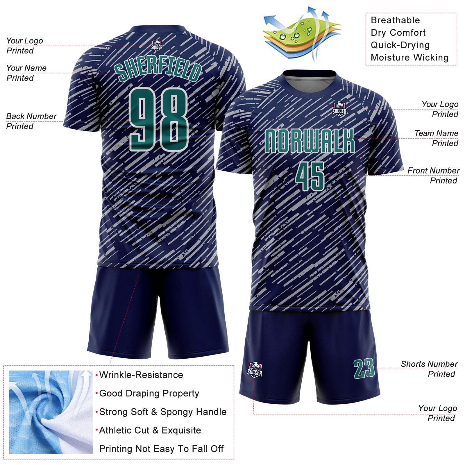 Custom Navy Teal Gray-White Line Sports Sublimation Soccer Uniform Jersey view 4