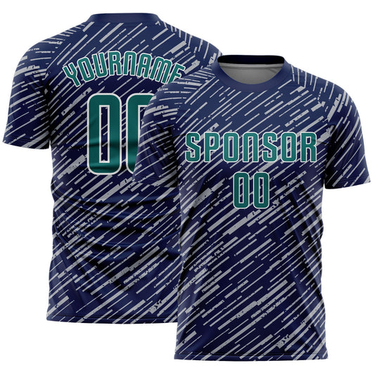 Custom Navy Teal Gray-White Line Sports Sublimation Soccer Uniform Jersey - Main View