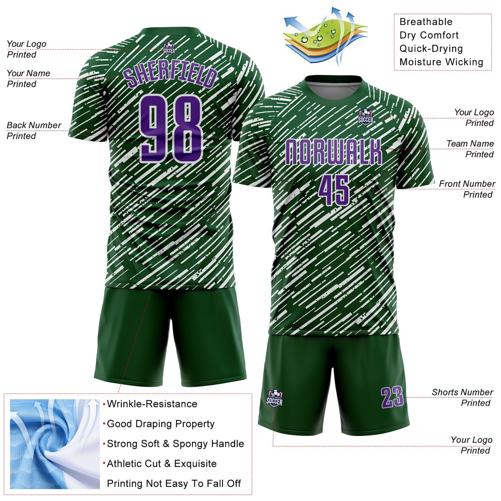 Custom Green Purple-White Line Sports Sublimation Soccer Uniform Jersey view 4