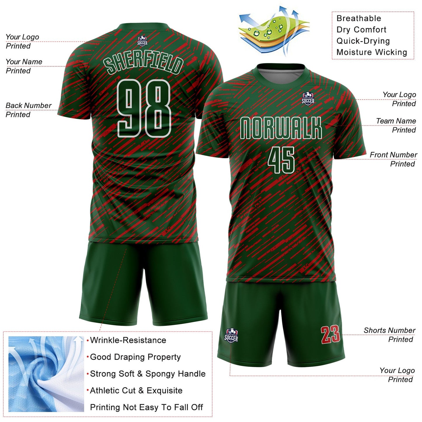 Custom Green Red-White Line Sports Sublimation Soccer Uniform Jersey view 4