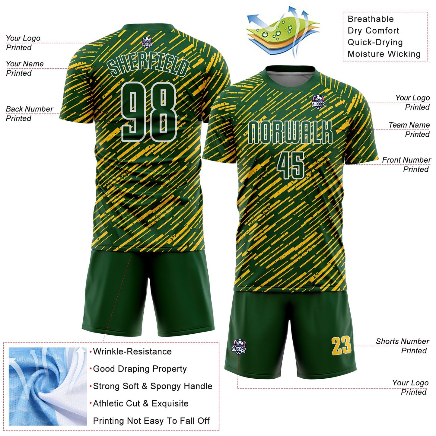 Custom Green Yellow-White Line Sports Sublimation Soccer Uniform Jersey view 4