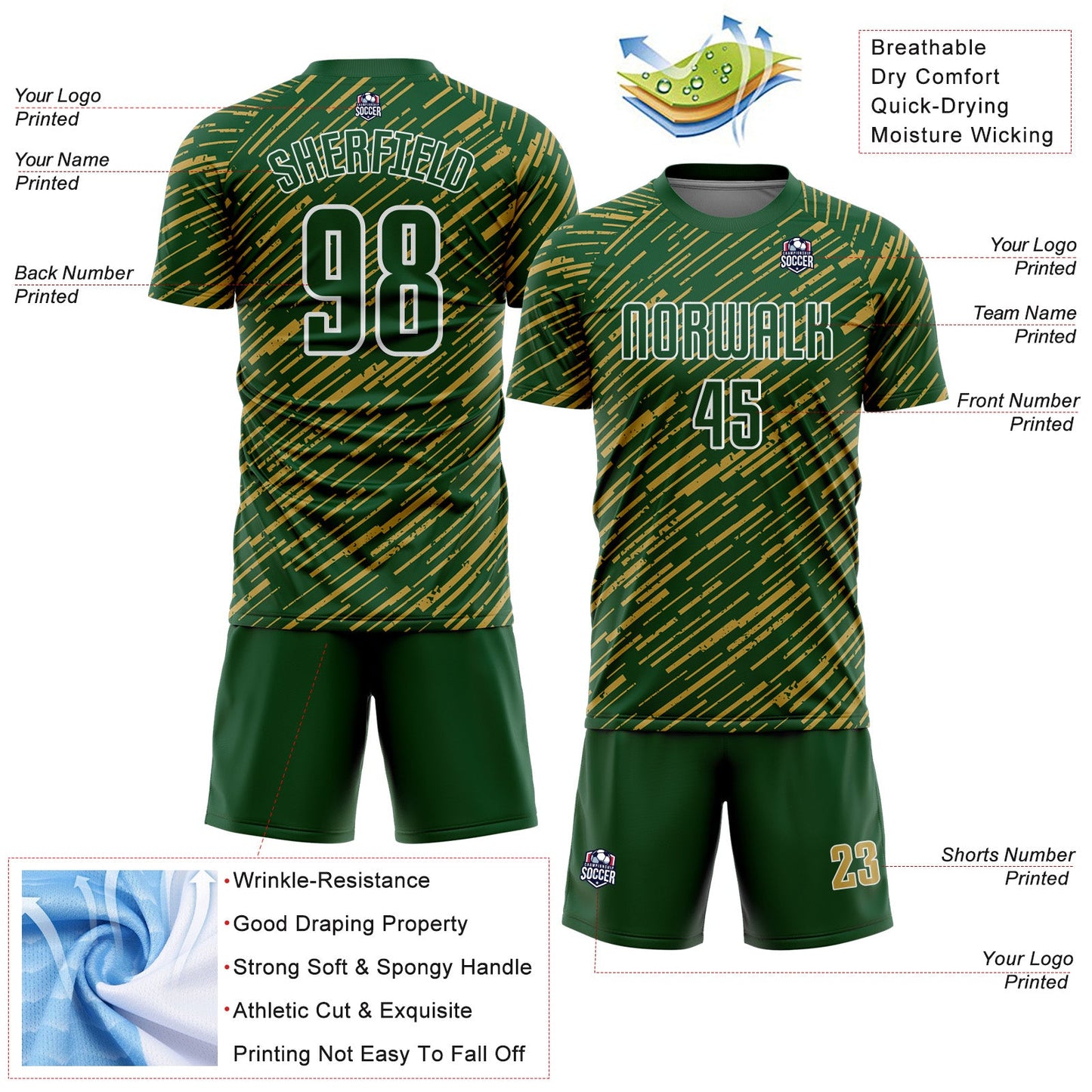 Custom Green Old Gold-White Line Sports Sublimation Soccer Uniform Jersey view 4
