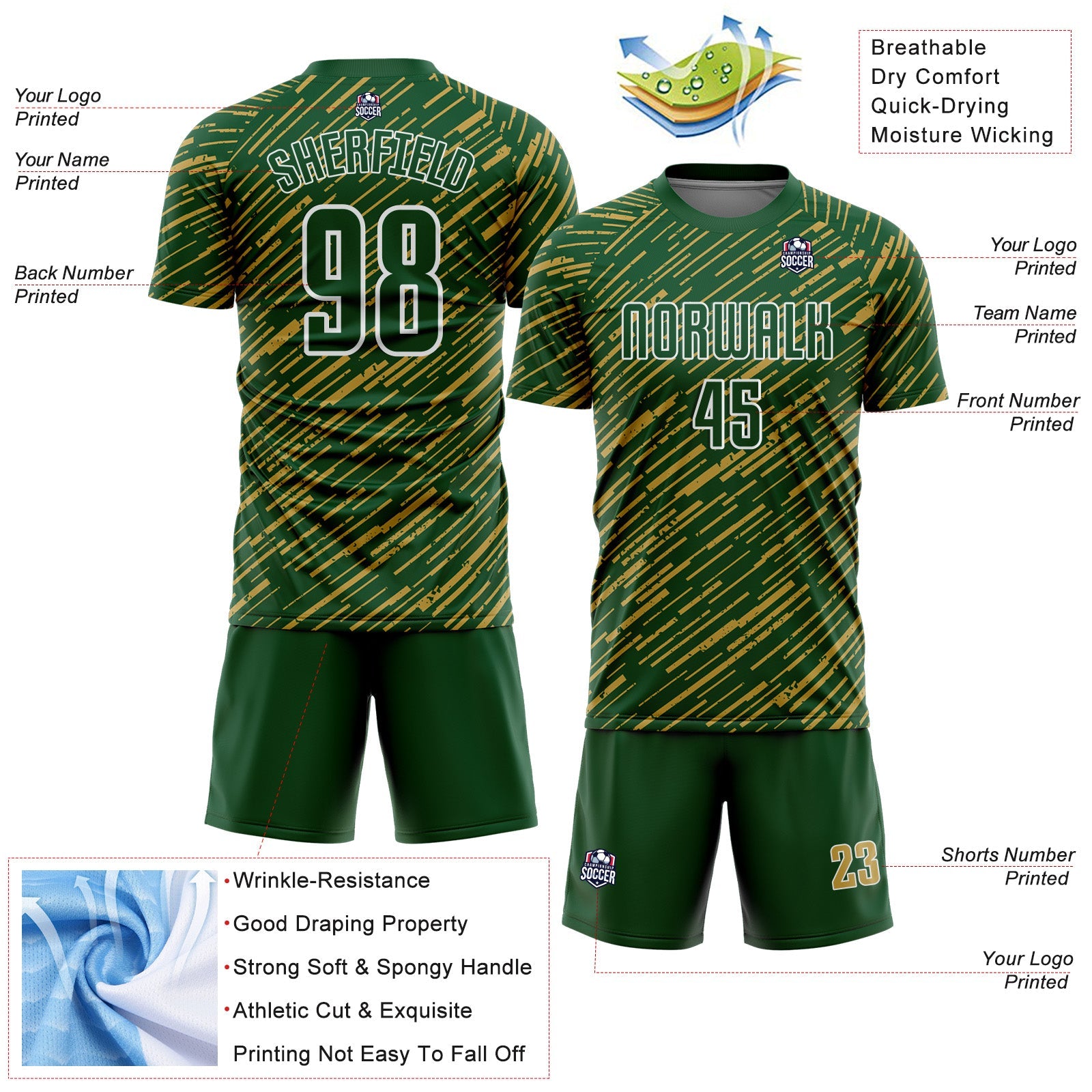 Custom Green Old Gold-White Line Sports Sublimation Soccer Uniform Jersey view 4