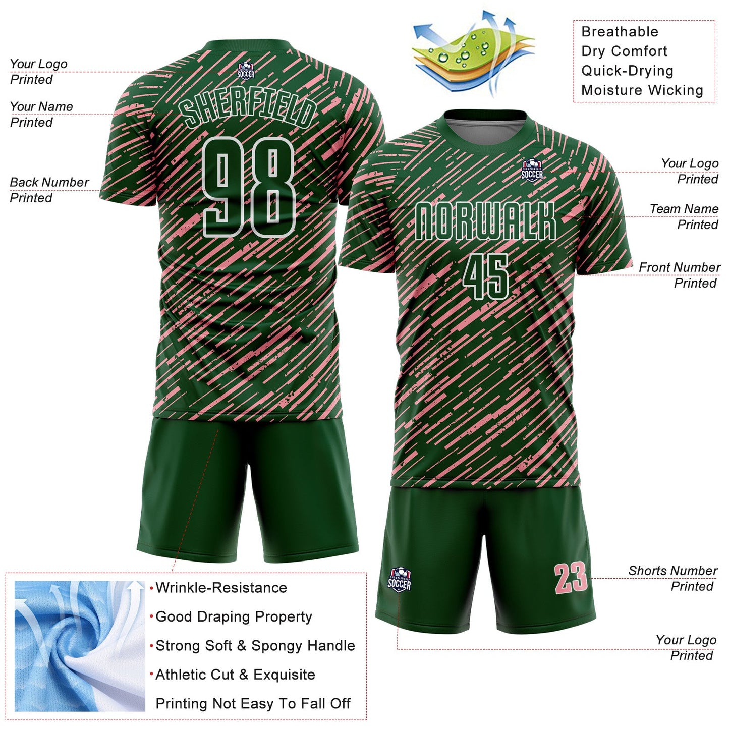 Custom Green Medium Pink-White Line Sports Sublimation Soccer Uniform Jersey view 4