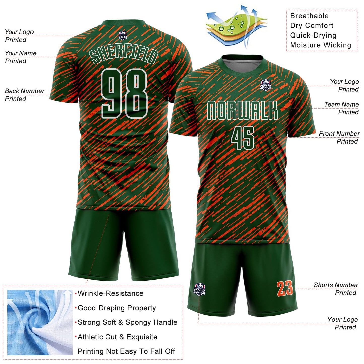 Custom Green Orange-White Line Sports Sublimation Soccer Uniform Jersey view 4
