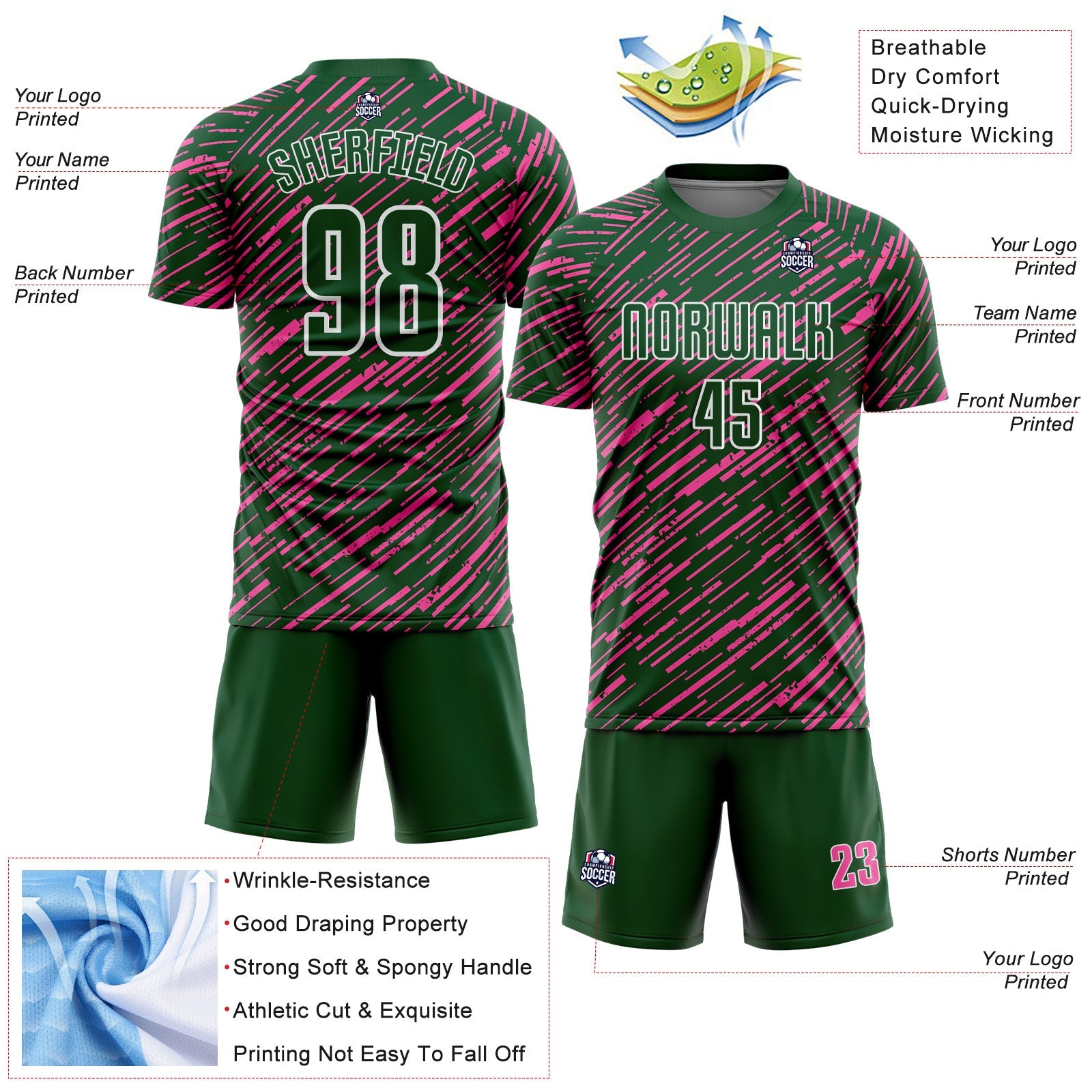 Custom Green Pink-White Line Sports Sublimation Soccer Uniform Jersey view 4