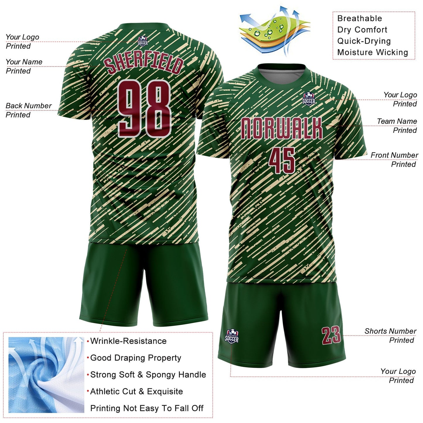 Custom Green Crimson Cream-White Line Sports Sublimation Soccer Uniform Jersey view 4