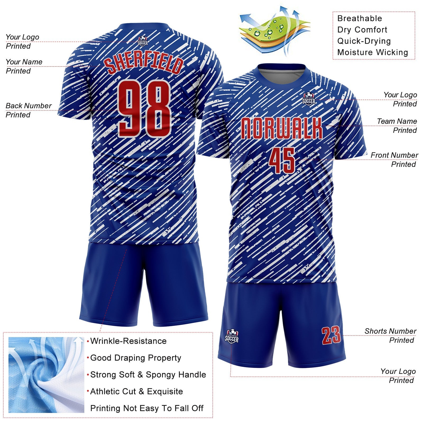 Custom Royal Red-White Line Sports Sublimation Soccer Uniform Jersey view 4