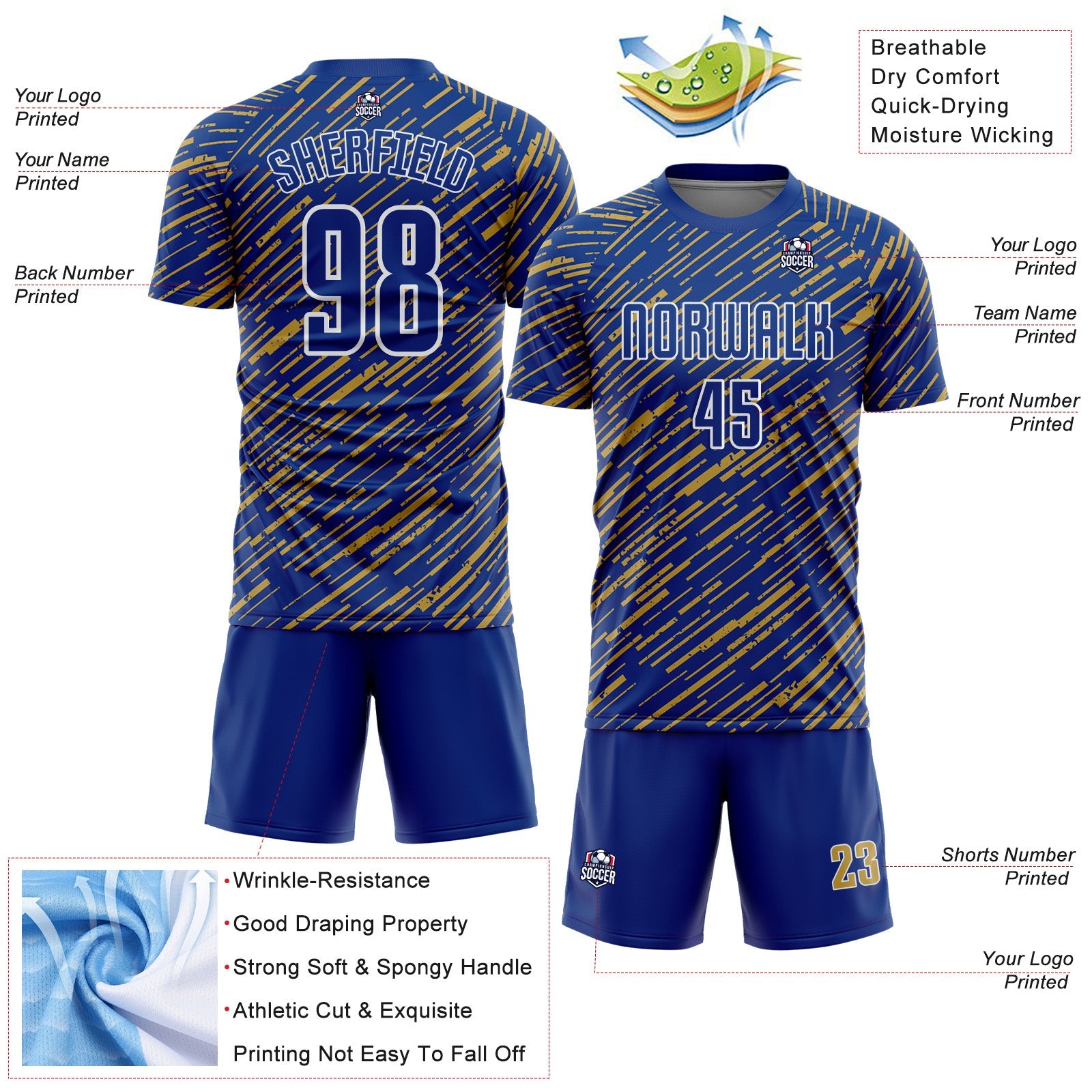 Custom Royal Old Gold-White Line Sports Sublimation Soccer Uniform Jersey view 4