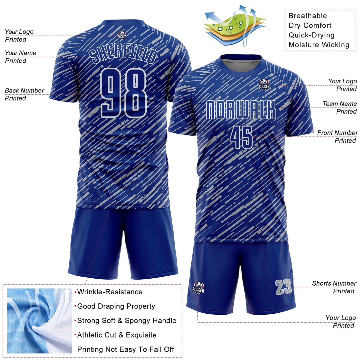 Custom Royal Gray-White Line Sports Sublimation Soccer Uniform Jersey view 4