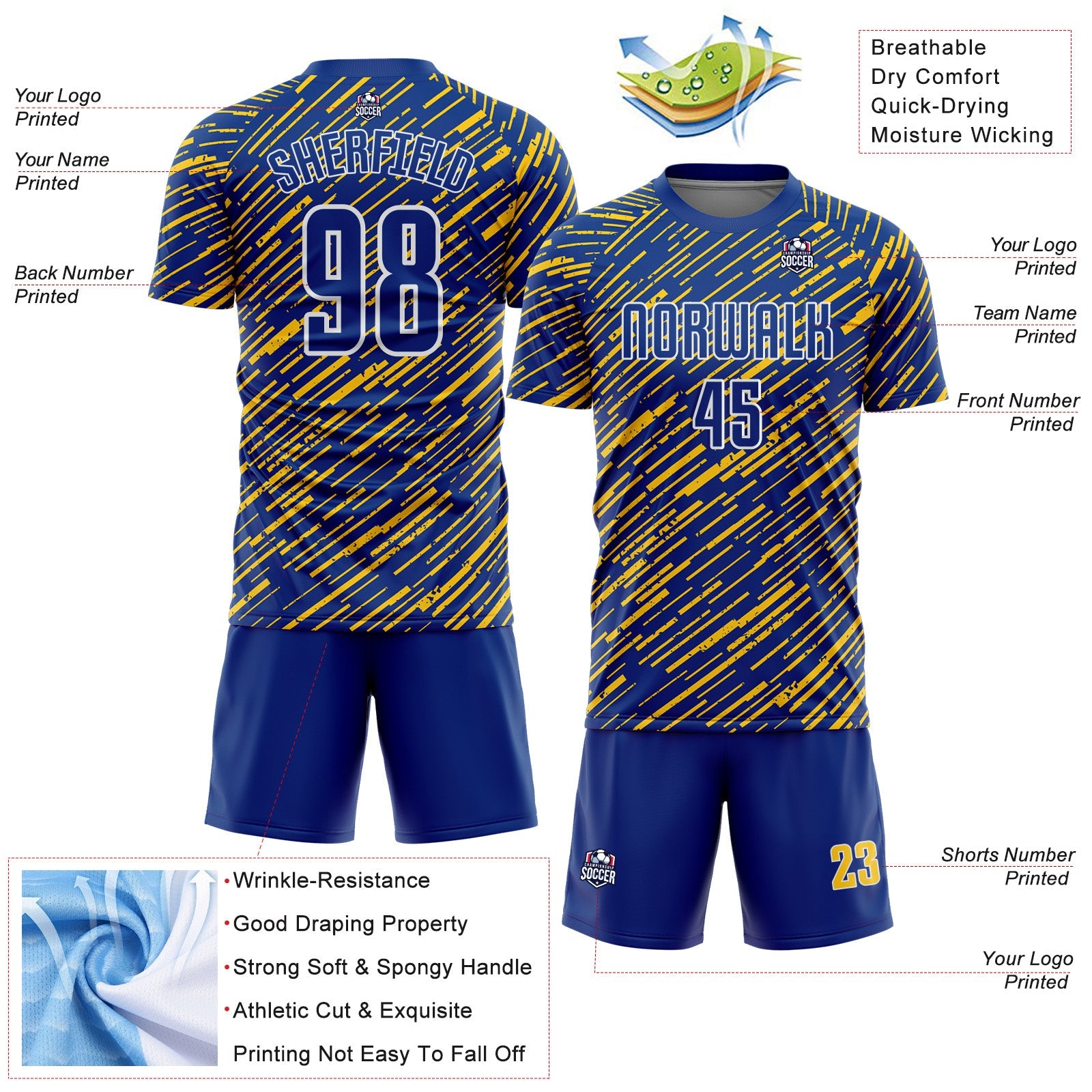 Custom Royal Yellow-White Line Sports Sublimation Soccer Uniform Jersey view 4