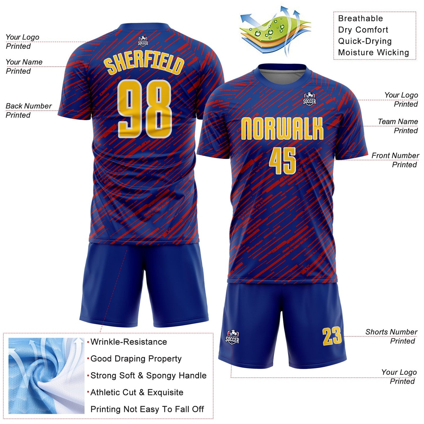 Custom Royal Yellow Red-White Line Sports Sublimation Soccer Uniform Jersey view 4