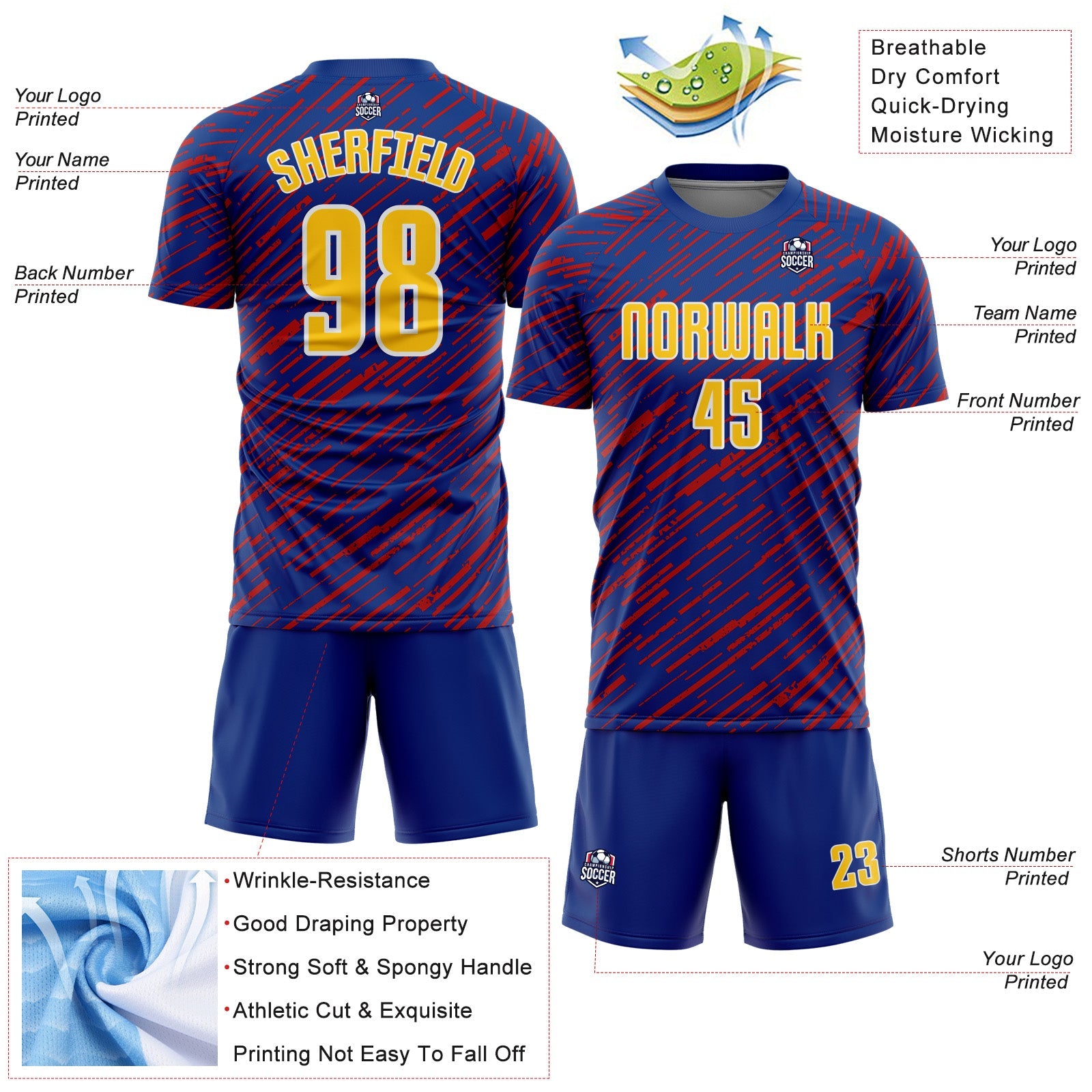Custom Royal Yellow Red-White Line Sports Sublimation Soccer Uniform Jersey view 4