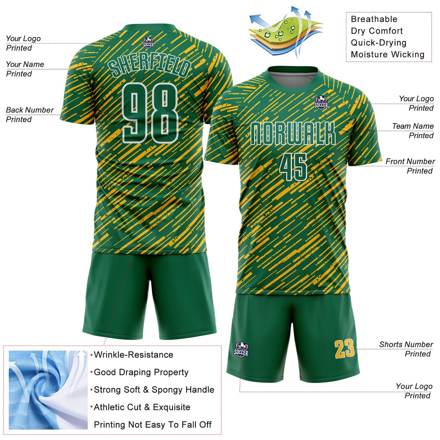 Custom Kelly Green Gold-White Line Sports Sublimation Soccer Uniform Jersey view 4