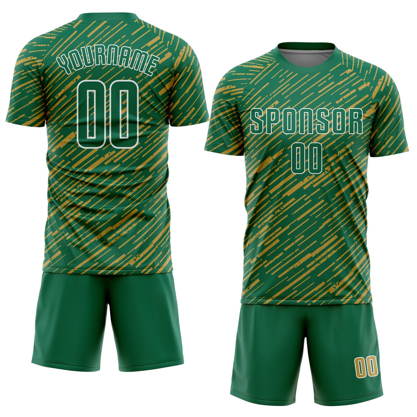 Custom Kelly Green Old Gold-White Line Sports Sublimation Soccer Uniform Jersey view 2