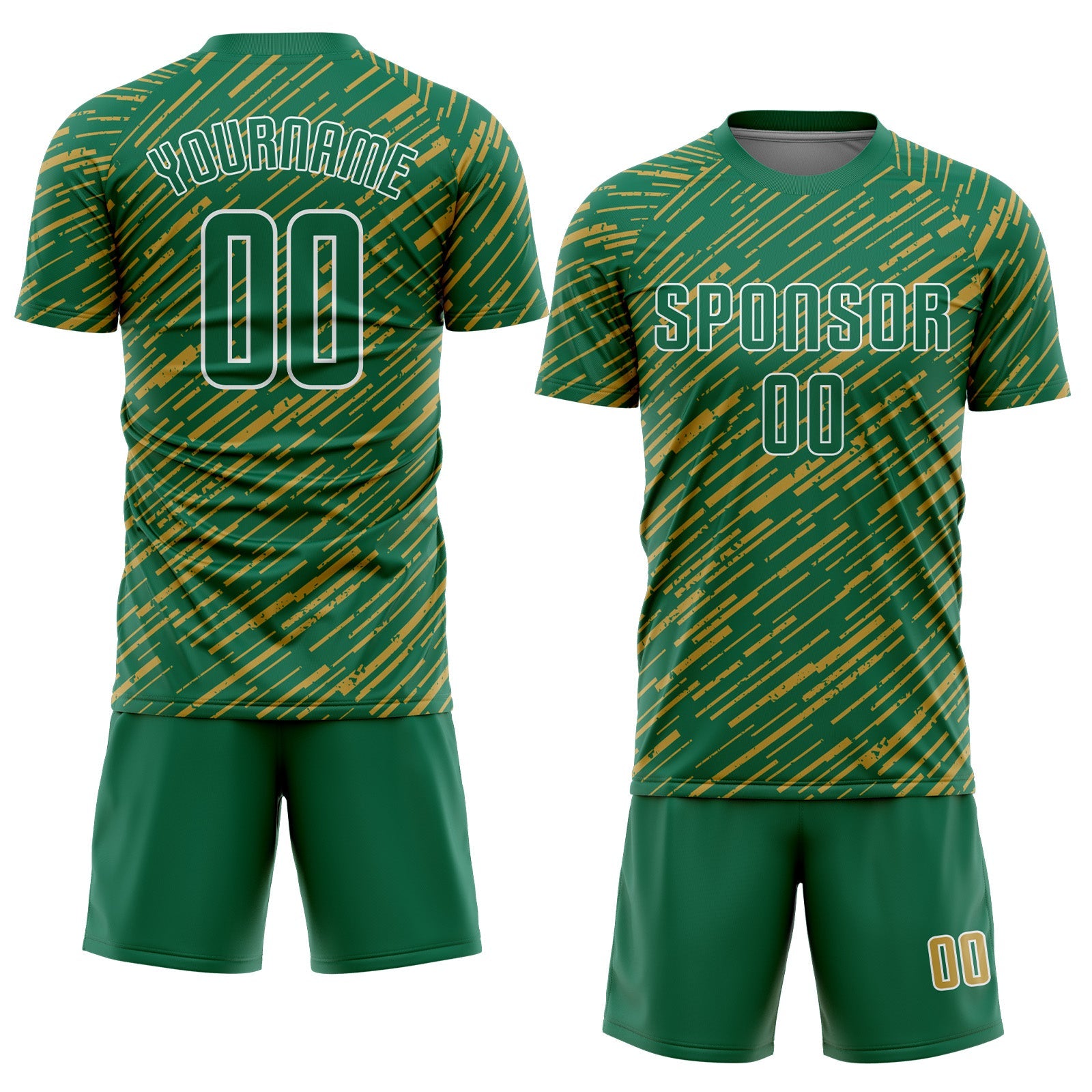 Custom Kelly Green Old Gold-White Line Sports Sublimation Soccer Uniform Jersey view 2