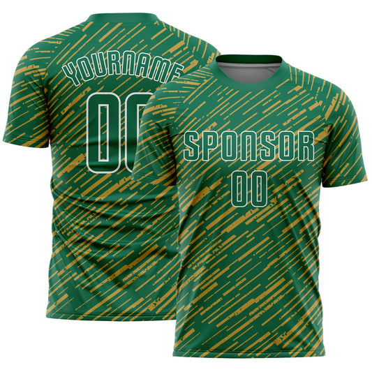 Custom Kelly Green Old Gold-White Line Sports Sublimation Soccer Uniform Jersey - Main View