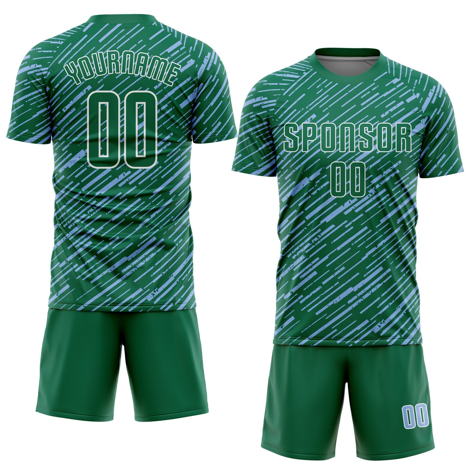 Custom Kelly Green Light Blue-White Line Sports Sublimation Soccer Uniform Jersey view 2