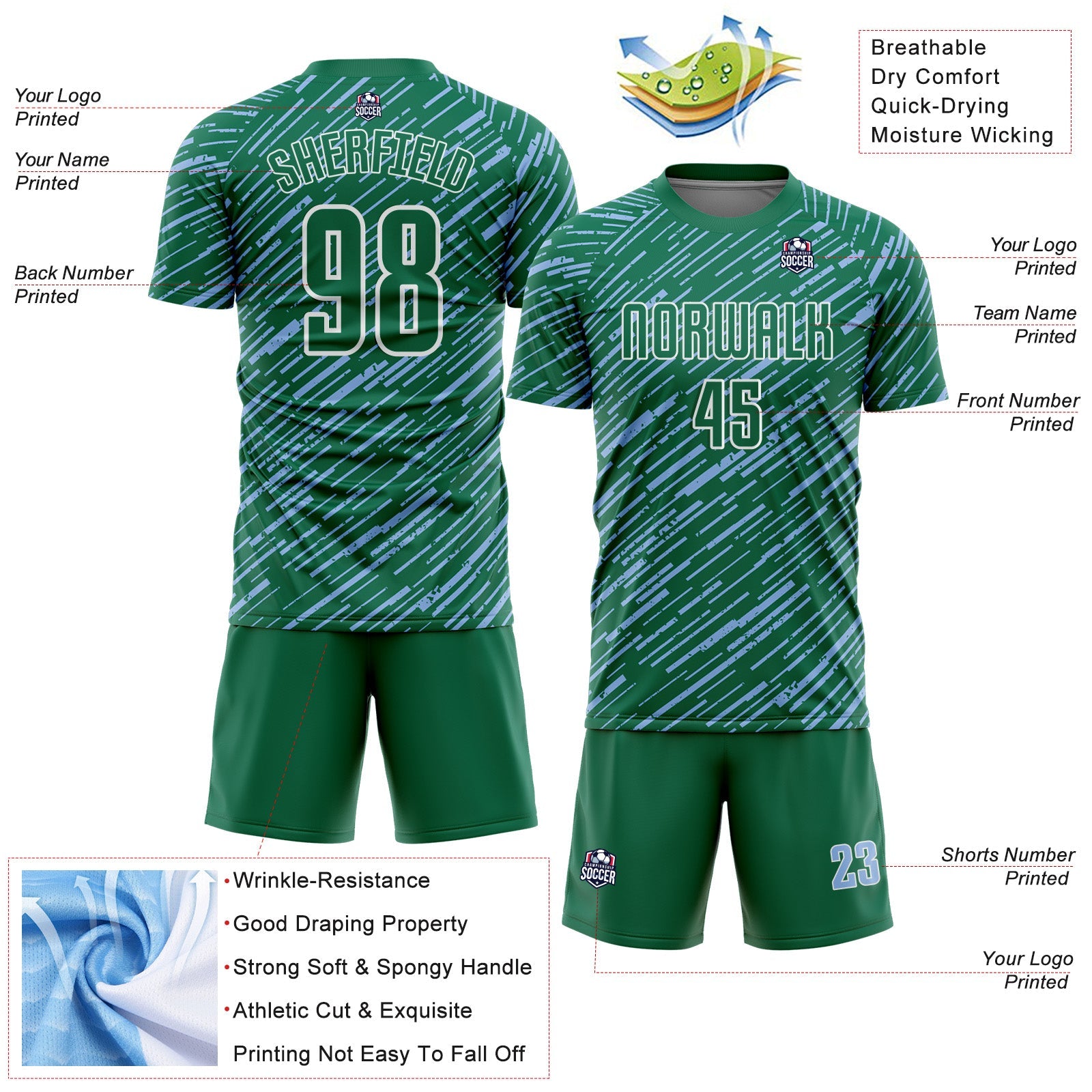 Custom Kelly Green Light Blue-White Line Sports Sublimation Soccer Uniform Jersey view 4