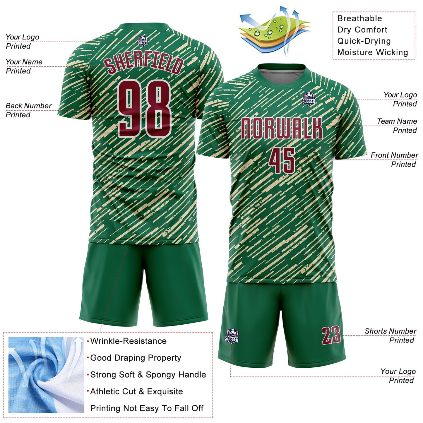 Custom Kelly Green Crimson Cream-White Line Sports Sublimation Soccer Uniform Jersey view 4