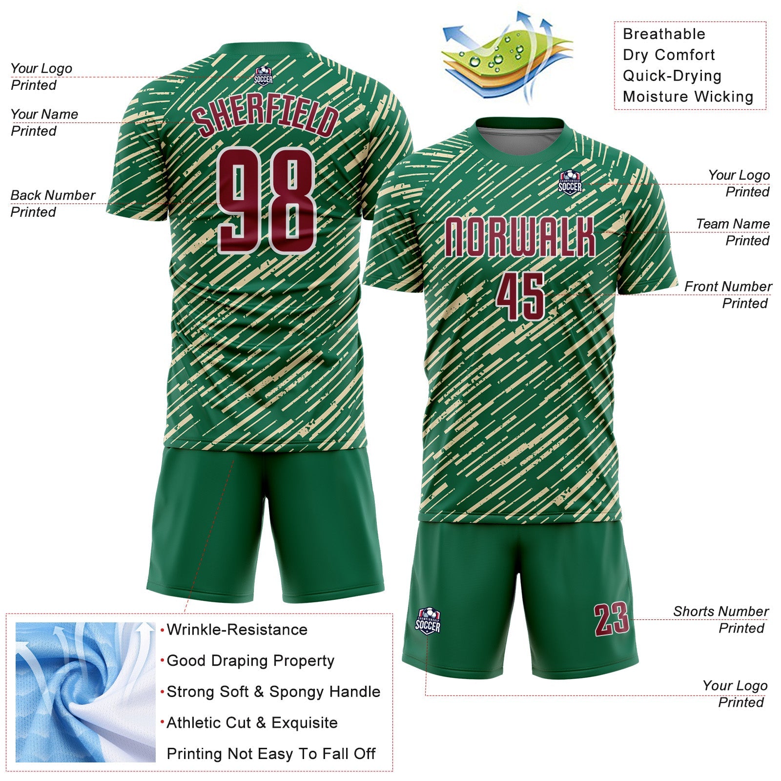 Custom Kelly Green Crimson Cream-White Line Sports Sublimation Soccer Uniform Jersey view 4