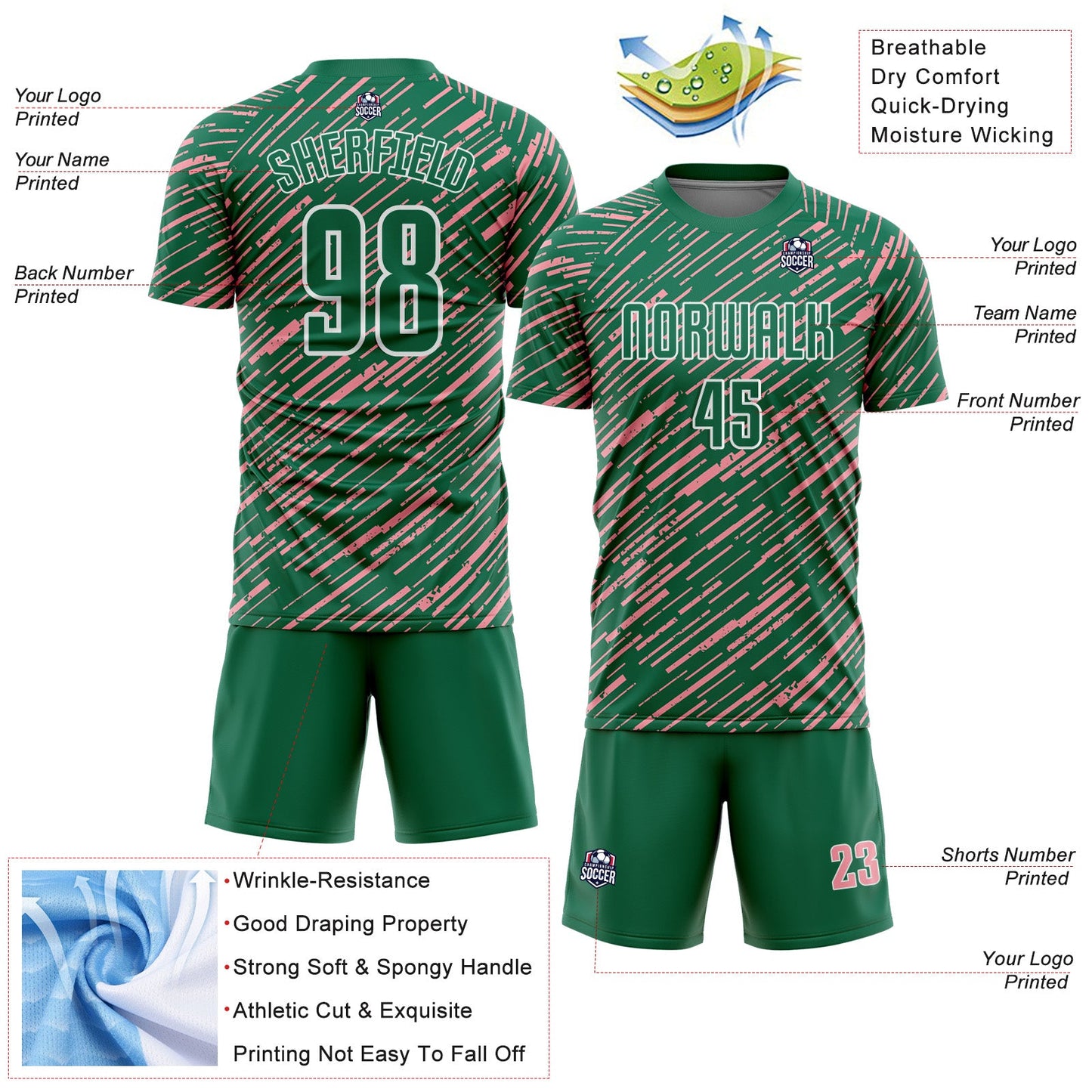 Custom Kelly Green Medium Pink-White Line Sports Sublimation Soccer Uniform Jersey view 4
