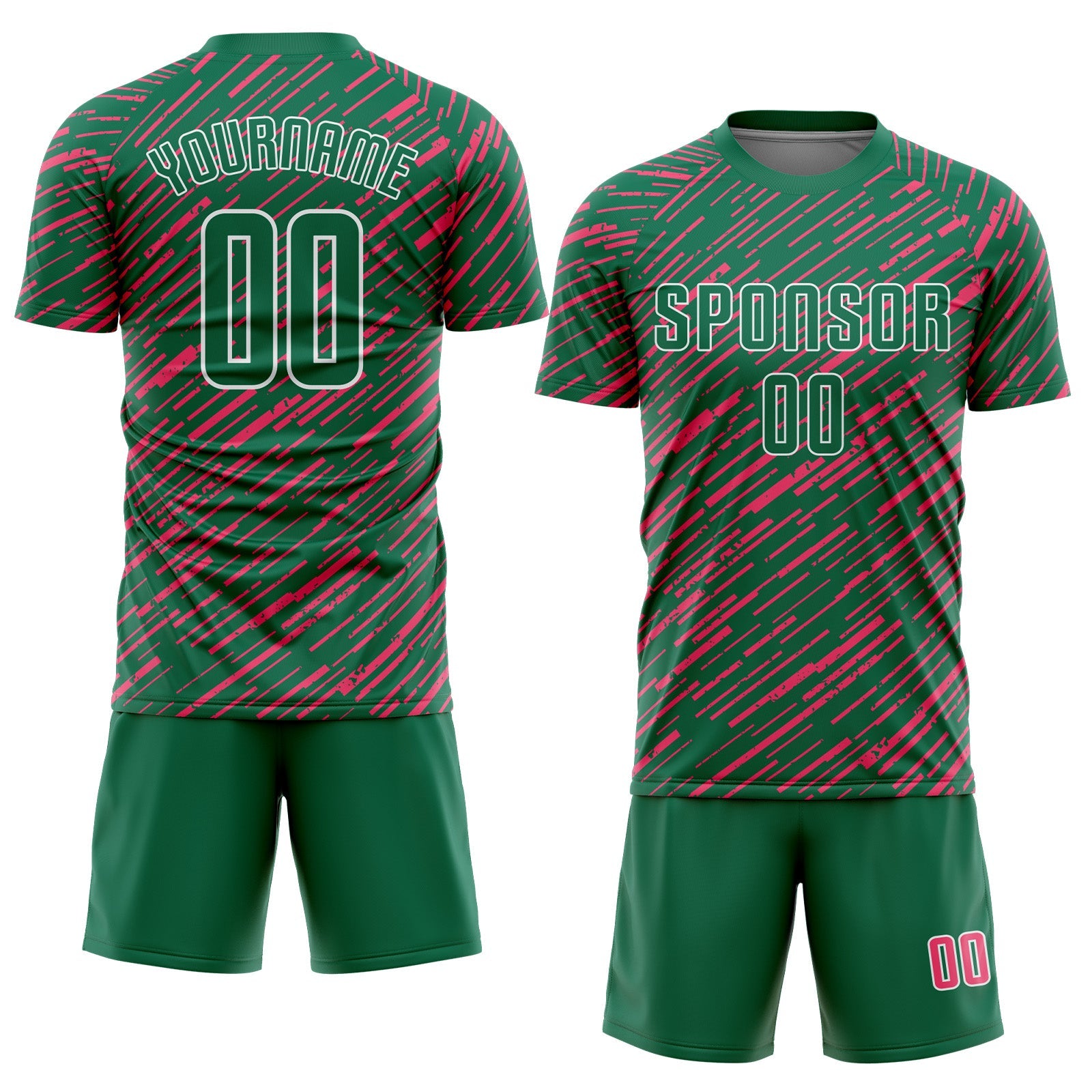 Custom Kelly Green Neon Pink-White Line Sports Sublimation Soccer Uniform Jersey view 2