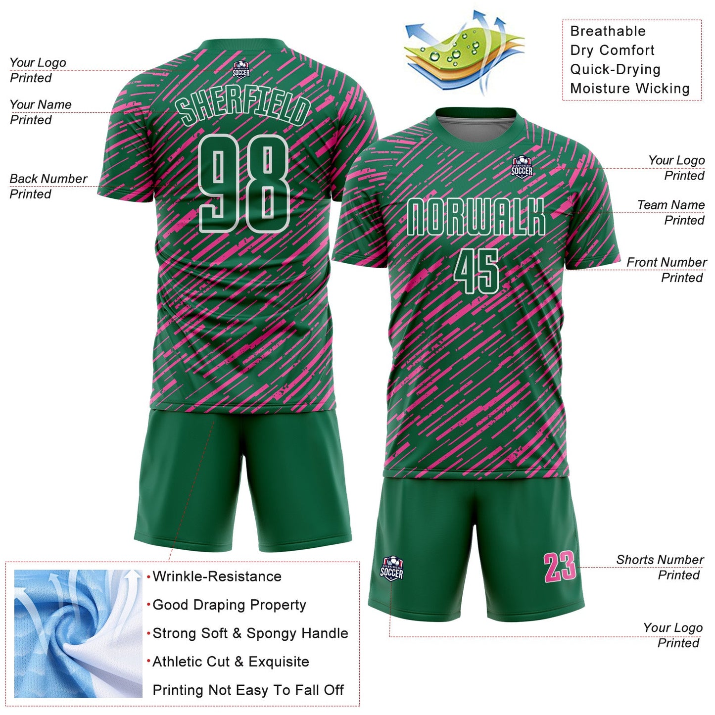 Custom Kelly Green Pink-White Line Sports Sublimation Soccer Uniform Jersey view 4