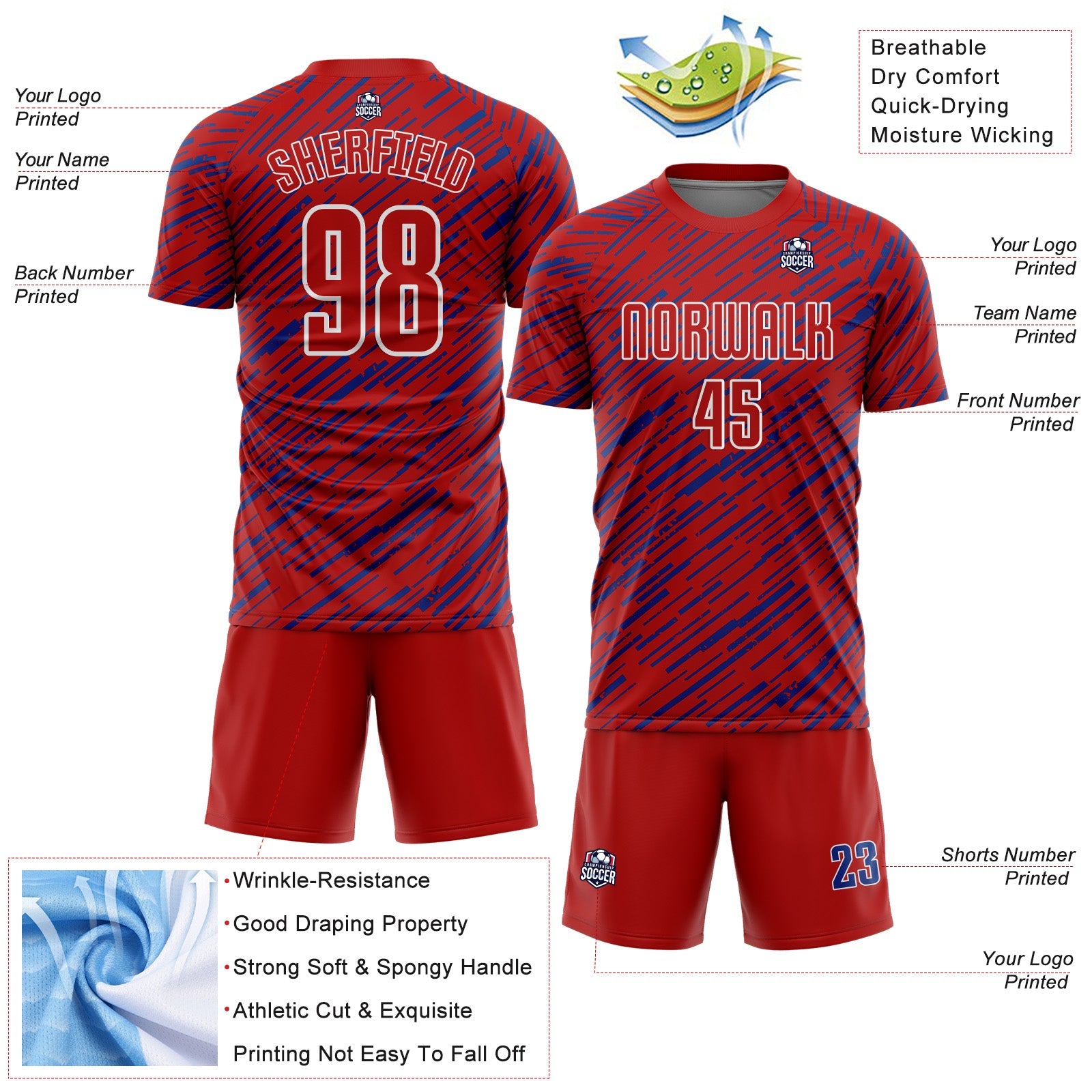 Custom Red Royal-White Line Sports Sublimation Soccer Uniform Jersey view 4