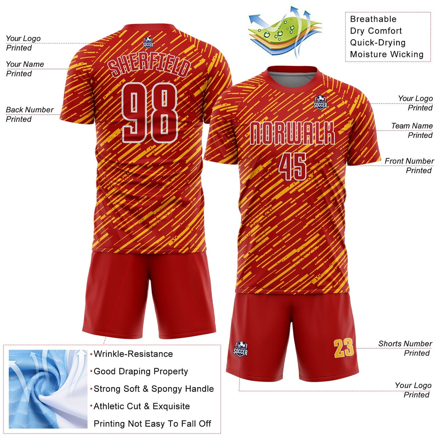 Custom Red Gold-White Line Sports Sublimation Soccer Uniform Jersey view 4
