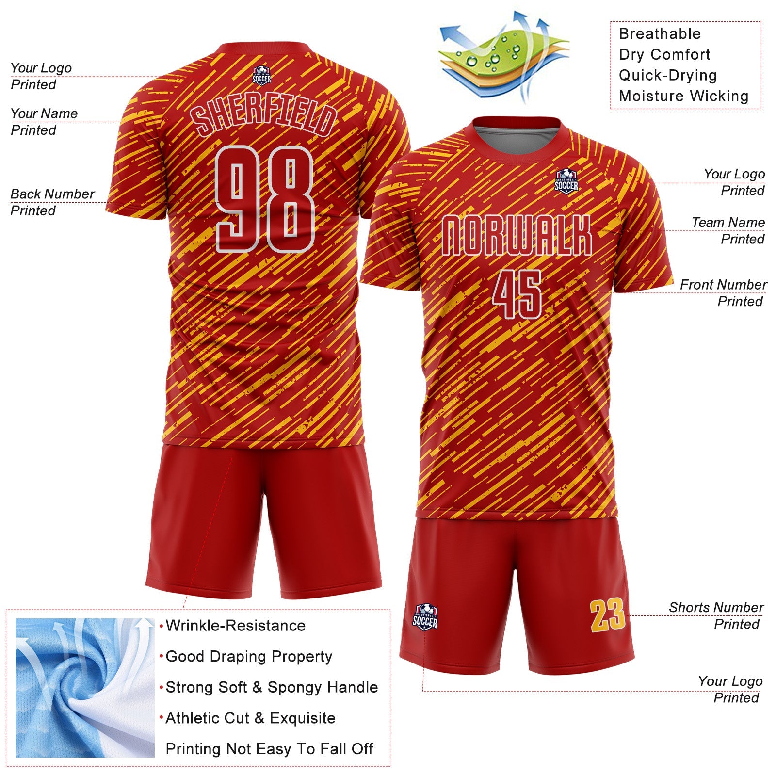 Custom Red Gold-White Line Sports Sublimation Soccer Uniform Jersey view 4